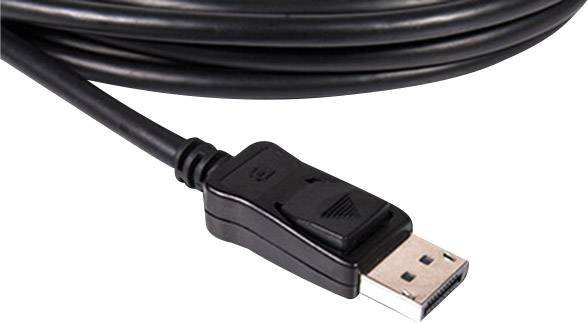 Een zwarte DisplayPort-kabel met stekkerzicht, geschikt voor de verbinding tussen computers en monitoren.