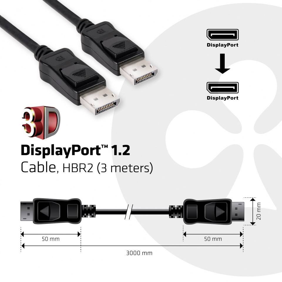 DisplayPort-kabel, 3 meter. Toont aansluitingen, draaddiameter van 7 mm, totale lengte 3000 mm, 50 mm aansluitingen aan elk uiteinde.