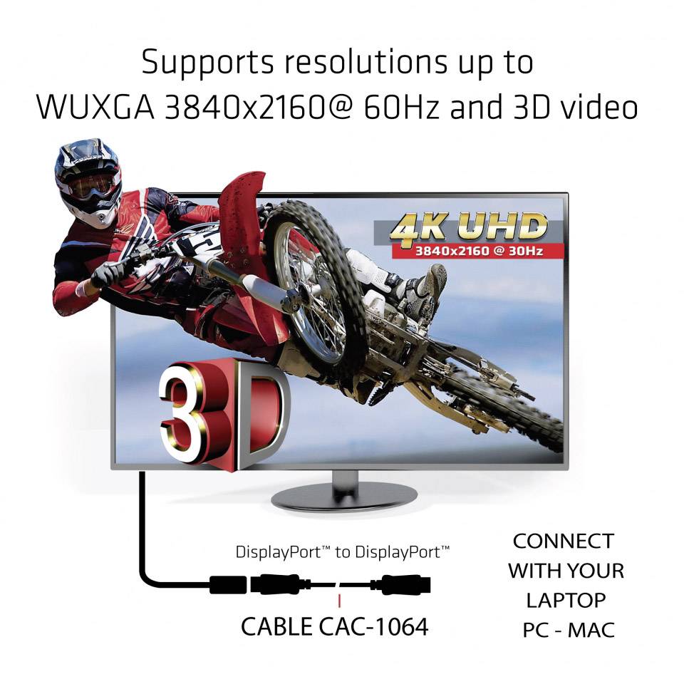 Een monitor toont een motorrijder in de lucht. De tekst vermeldt ondersteuning voor resoluties tot WUXGA 3840x2160@60Hz en 3D-video.