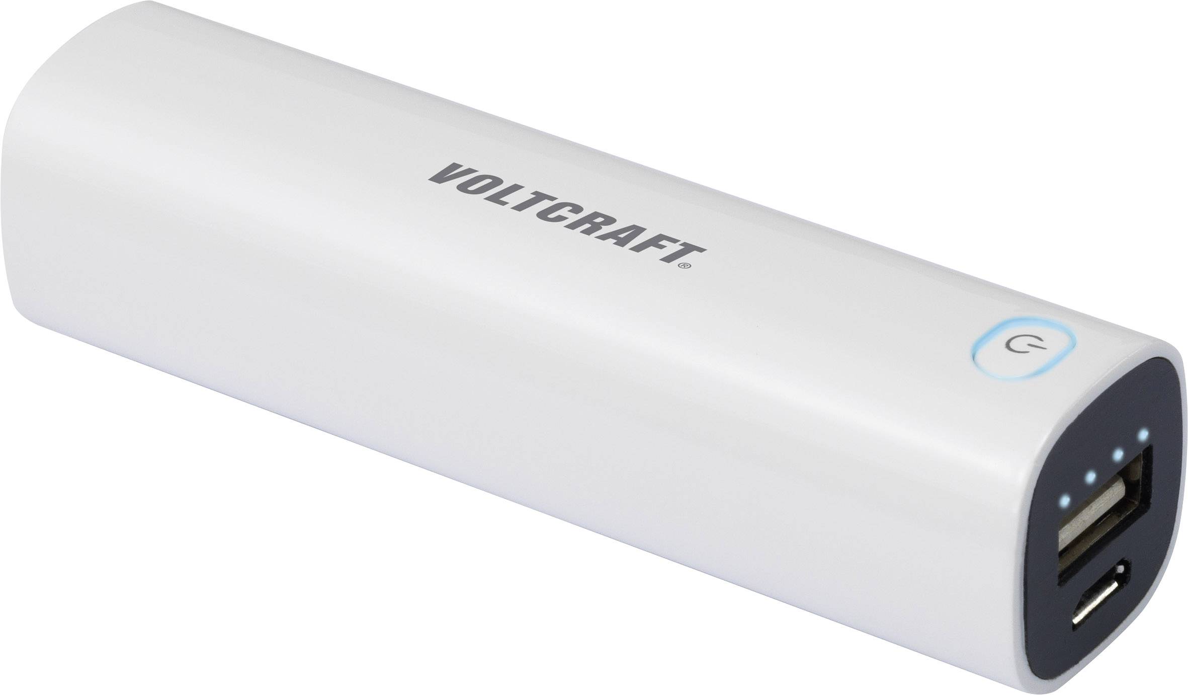 Draagbare, witte powerbank van Voltcraft met USB-aansluiting en LED-indicatie aan de bovenkant voor accucapaciteit.
