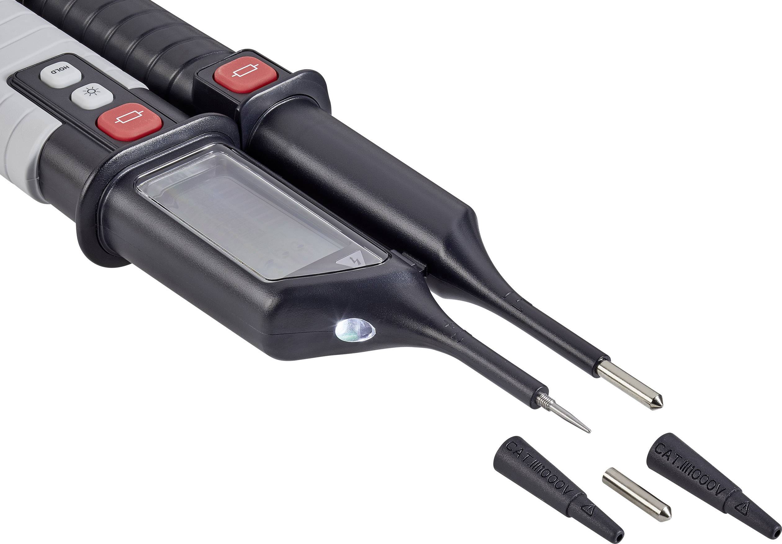 Een digitaal spanningsmeetsysteem met twee sondes en verwisselbare meetpunten. Geschikt voor het meten van elektrische spanningen.