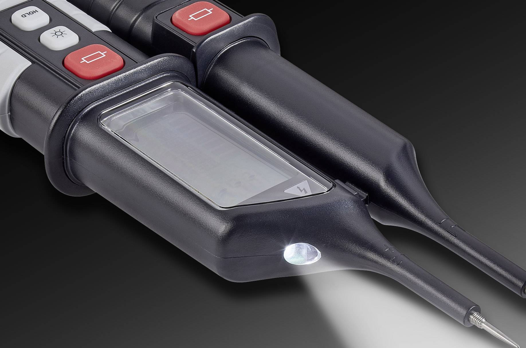 'Twee spanningstesters met LED-verlichting, voorzien van rode schakelknoppen en een display, op een donkere achtergrond.'