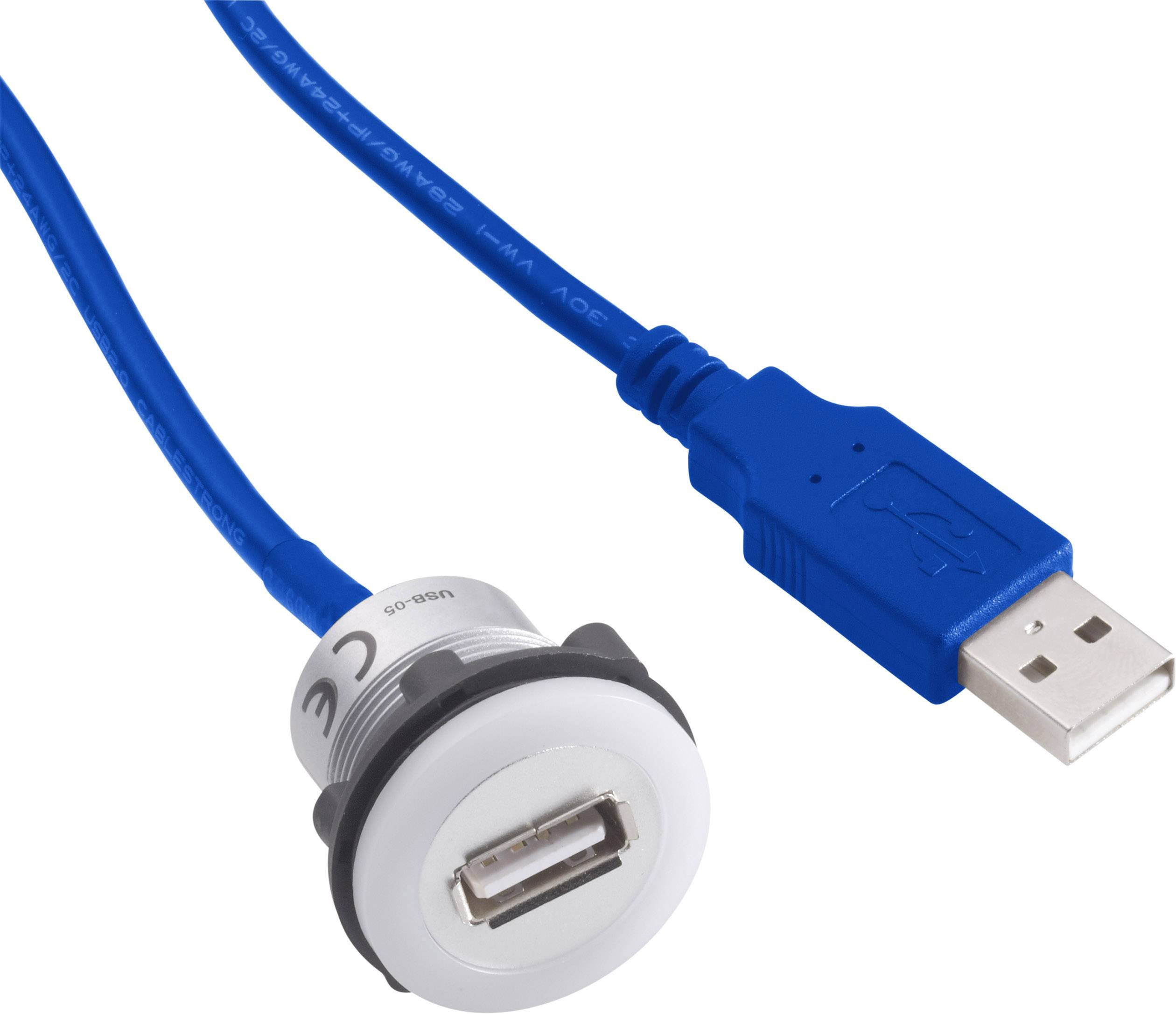 USB-verlengkabel met blauwe stekker rechts en witte aansluiting links, geschikt voor het aansluiten van apparaten via USB.