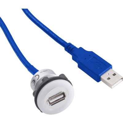 USB-verlengkabel met blauwe stekker rechts en witte aansluiting links, geschikt voor het aansluiten van apparaten via USB.