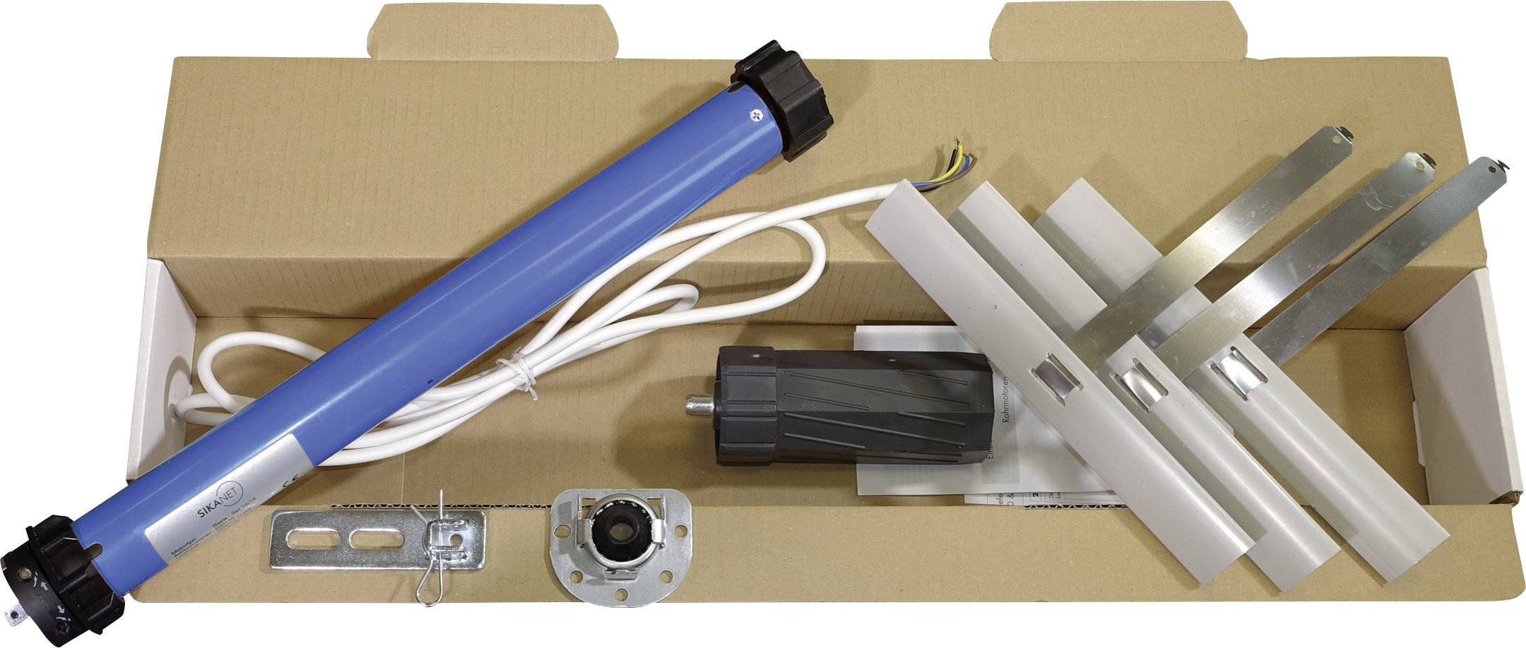 Een rolluikmotor-kit in een doos, bestaande uit een blauwe motor, bevestigingsbeugels, kabels en montageonderdelen.