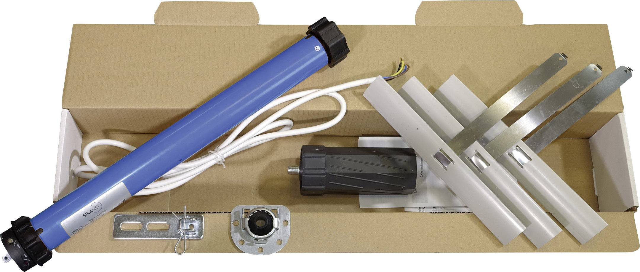 Een elektrische rolluikmotor-kit met een blauwe motor, montagetoebehoren en kabels in een kartonnen verpakking.