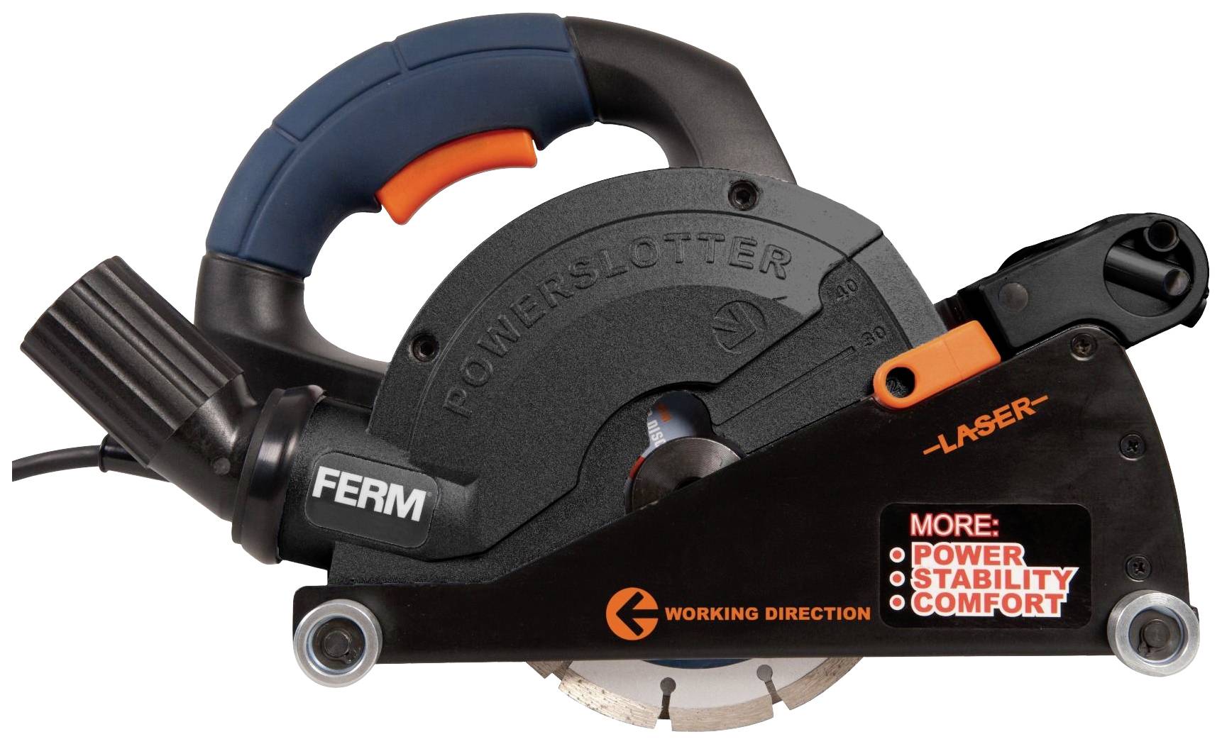 Handgeleide muurgleuffreesmachine met 'FERM' logo, ergonomische handgreep, lasergeleidingssysteem en aanduiding voor vermogen en werkrichting.