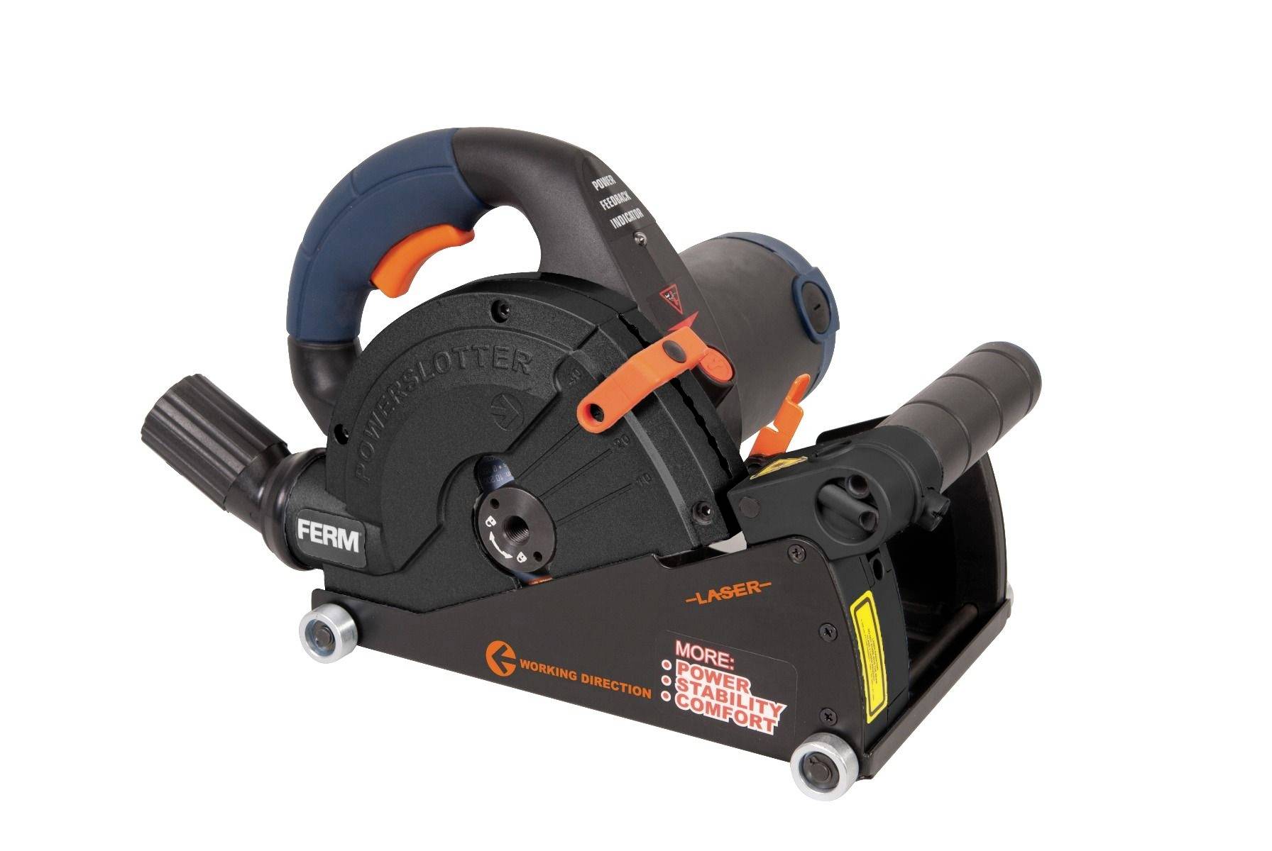 Elektrische muurfreesmachine met twee handgrepen en beschermkap, zwarte behuizing, blauwe en oranje kleuraccenten, geschikt voor precies snijden in muren.