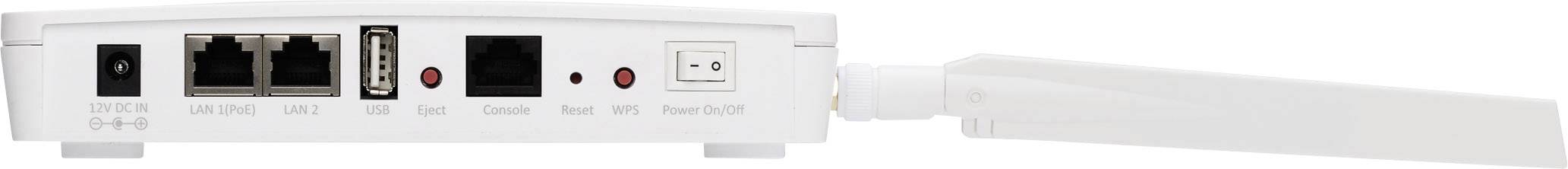 Een witte wifi-router met meerdere poorten en een antenne. Aansluitingen voor LAN, USB en stroom zijn zichtbaar.