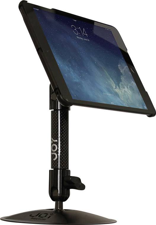 Een tablet is bevestigd in een zwarte houder op een stabiele standaard, het scherm toont een blauwe lucht met wolken.