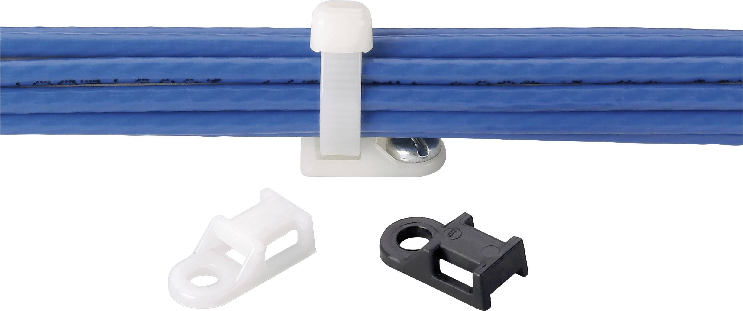 Een blauwe kabelbundel wordt vastgehouden door een witte kabelclip, met extra zwarte en witte clips eronder.
