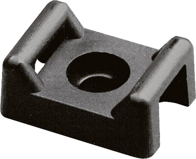 Een zwarte kunststof kabelholder in vierkante vorm met verhoogde randen en een centrale boring voor bevestiging aan oppervlakken.