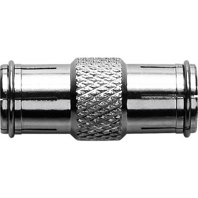 Een metalen F-connector-adapter die wordt gebruikt voor het verbinden van coaxkabels. Hij beschikt over een gegroefde middensectie voor eenvoudige bediening.