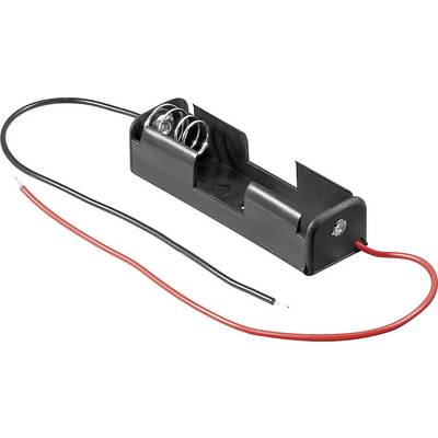 Een zwarte batterijhouder voor een AA-batterij met rode en zwarte kabels voor aansluiting.
