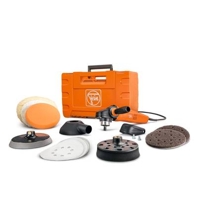 Polijstmachine-set met oranje behuizing, verschillende opzetstukken en reinigingspads voor het gladmaken en polijsten van oppervlakken.