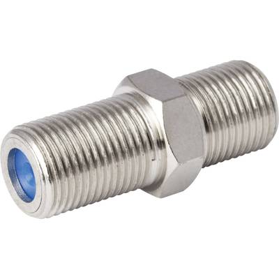 Metaaladapter met buitenschroefdraad en blauwe binnenbekleding. Verbindt twee kabels of buizen.
