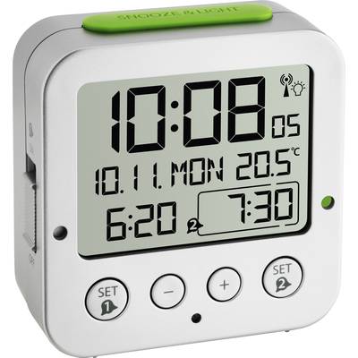 Digitale wekker met display: '10:08', datum '10.11. MA', temperatuur '20.5°C', alarmtijden '6:20' en '7:30'. Snooze- en lichttoets bovenaan.