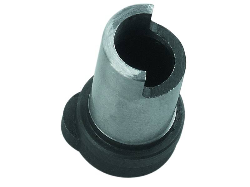 Een metalen cilindrisch onderdeel met een getande rand bovenaan en een bredere rand onderaan, vermoedelijk een machinedeel.