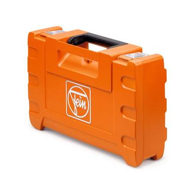 Een oranje kunststof koffer met een zwarte handgreep, waarop het logo van een gereedschapsmerk staat afgebeeld.