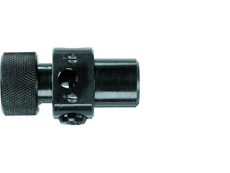 Een metalen gereedschapsonderdeel dat bestaat uit een cilindrische stalen pen met een gekartelde greep en een schroefbevestiging aan de linkerkant.