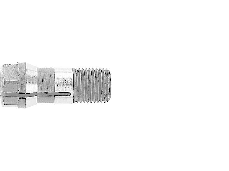Metalen, cilindrisch onderdeel met schroefdraad en een conische uiteinde, waarschijnlijk deel van een mechanische verbinding.
