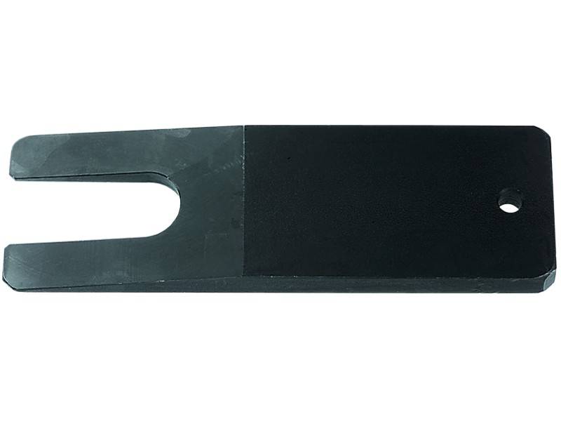 Een zwarte wig met een vork aan het uiteinde en een gat aan de andere kant. Wordt vaak gebruikt als montagegereedschap.
