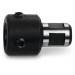 Een zwarte metalen adapter met zilveren accenten, cilindrische vorm en schroefverbindingen.