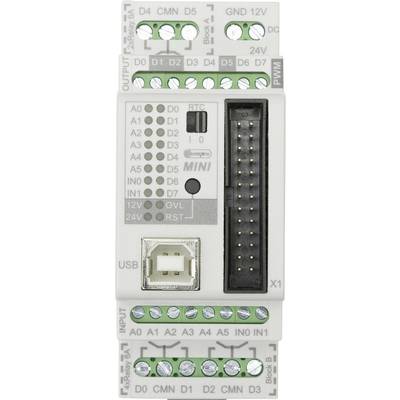 Een elektrische besturingsmodule met aansluitingen en USB-poort. Labels: 'D0-D13', 'A0-A5', 'GND', '12V', 'OVL', 'RST'.