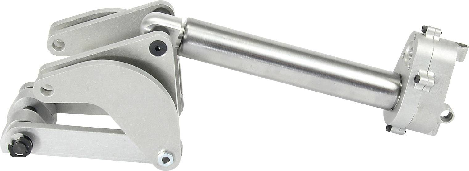 Een zilveren metalen gewricht met cilinder, dat dienst doet als bevestigings- of verstelmechanisme.