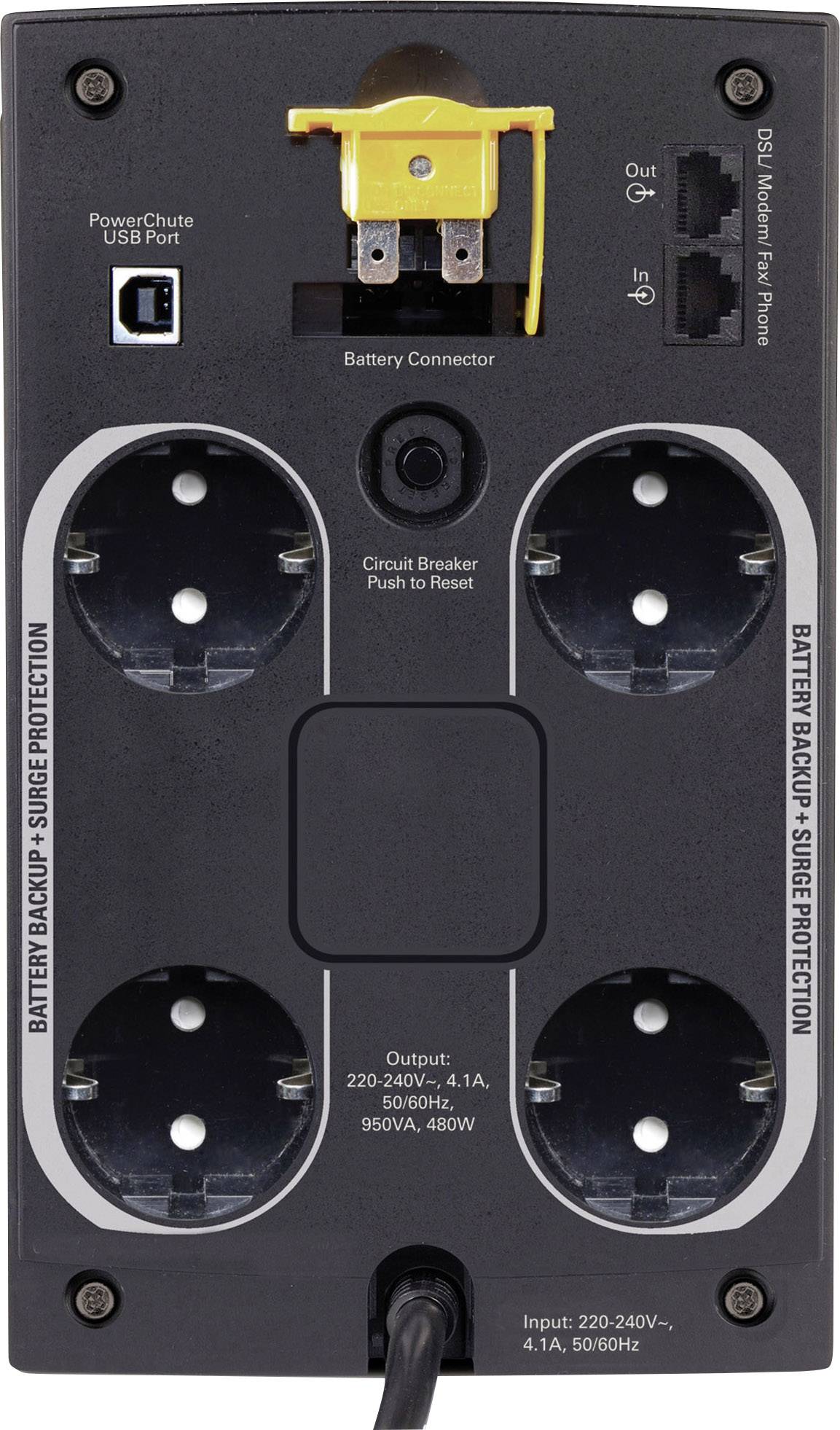 'Achterkant van een UPS met vier Schuko-stopcontacten, USB-poort, batterijaansluiting en informatie over spanning (220-240V) en stroomsterkte.'