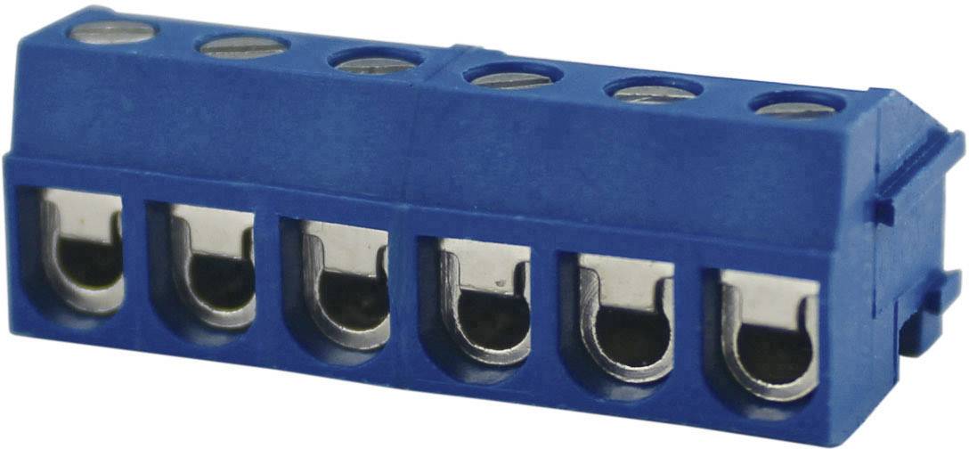 Blauwe schroefklemmenstrook met zes aansluitingen, gebruikt voor elektrische verbindingen in elektronische apparaten of schakelingen.