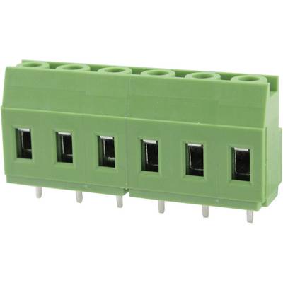 Groene stekker met zes aansluitingen en drie metalen pinnen eronder.