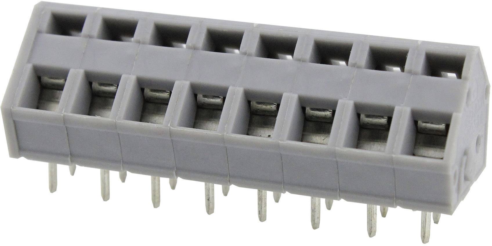 'Grijze connector met meerdere metalen pinnen, horizontaal uitgelicht.'