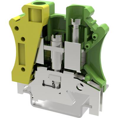 Afbeelding van een groene en gele elektrische aansluitklem, toont de binnenste mechaniek met schroeven en metalen contacten.