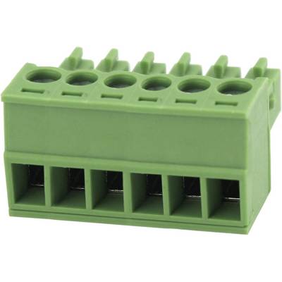 Groene stekkerverbinding met zes aansluitingen, vermoedelijk van kunststof, voor elektrische verbindingen in technische apparaten.