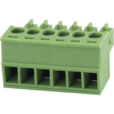 Groene stekkerblokkering met zes aansluitingen, gebruikt voor elektrische bedrading.