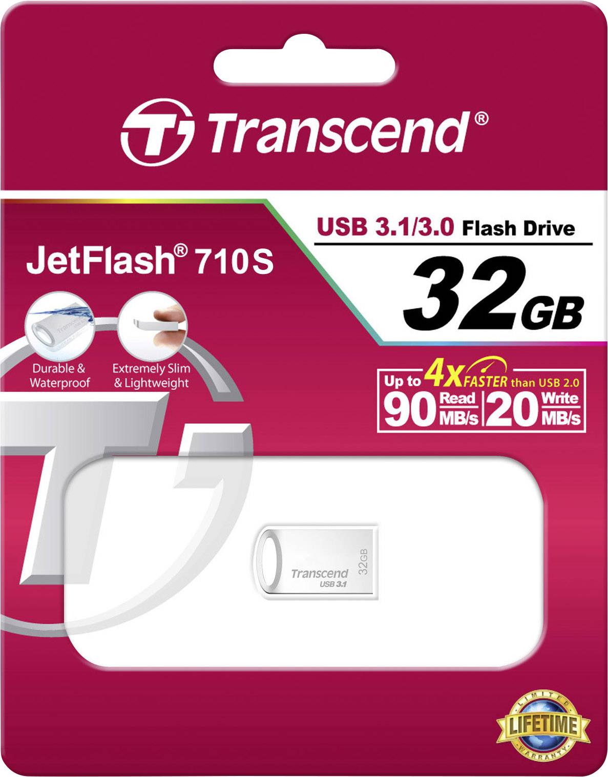 'Transcend JetFlash 710S USB 3.1/3.0 Flash Drive, 32GB, tot 90MB/s lezen, 20MB/s schrijven, duurzaam en waterdicht, extreem smal.'