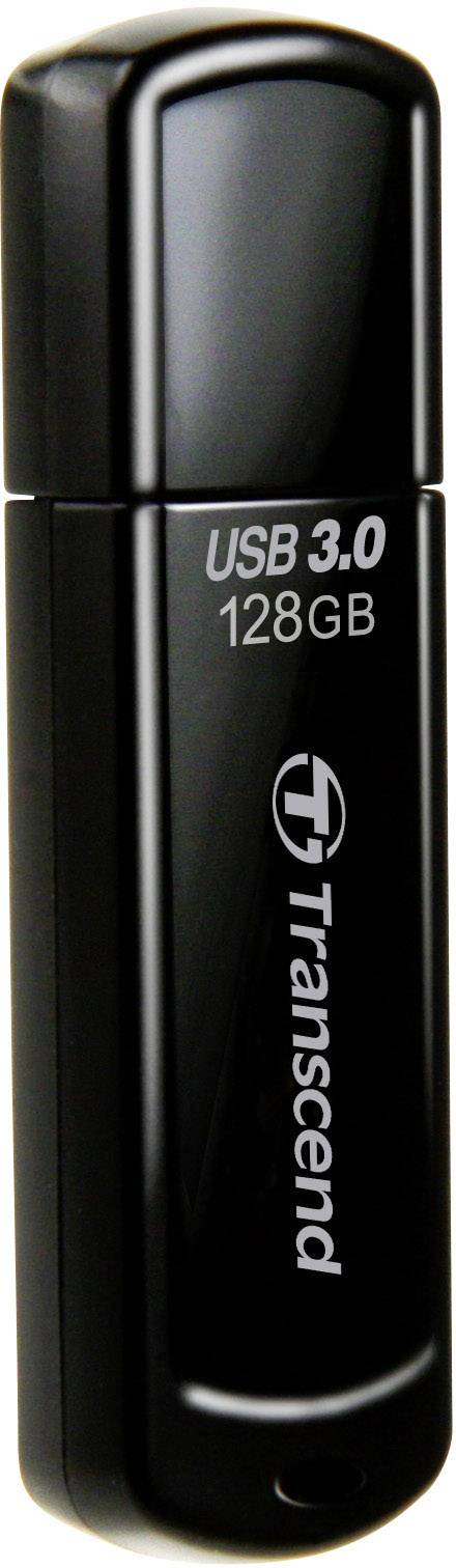 Een zwarte USB-stick met de tekst 'USB 3.0 128 GB Transcend'.