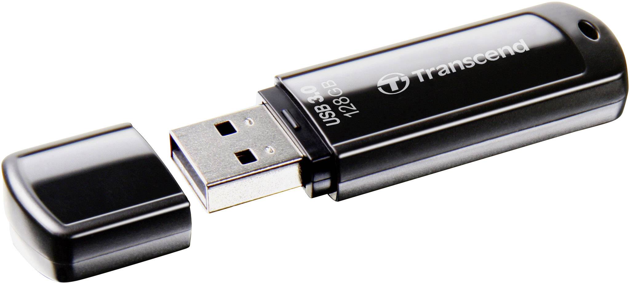 Een zwarte USB-stick zonder dop. Opgedrukte informatie: 'Transcend', 'USB 3.0', '128 GB'.