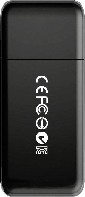 Zwart USB-apparaat met witte symbolen en markeringen aan de voorkant.
