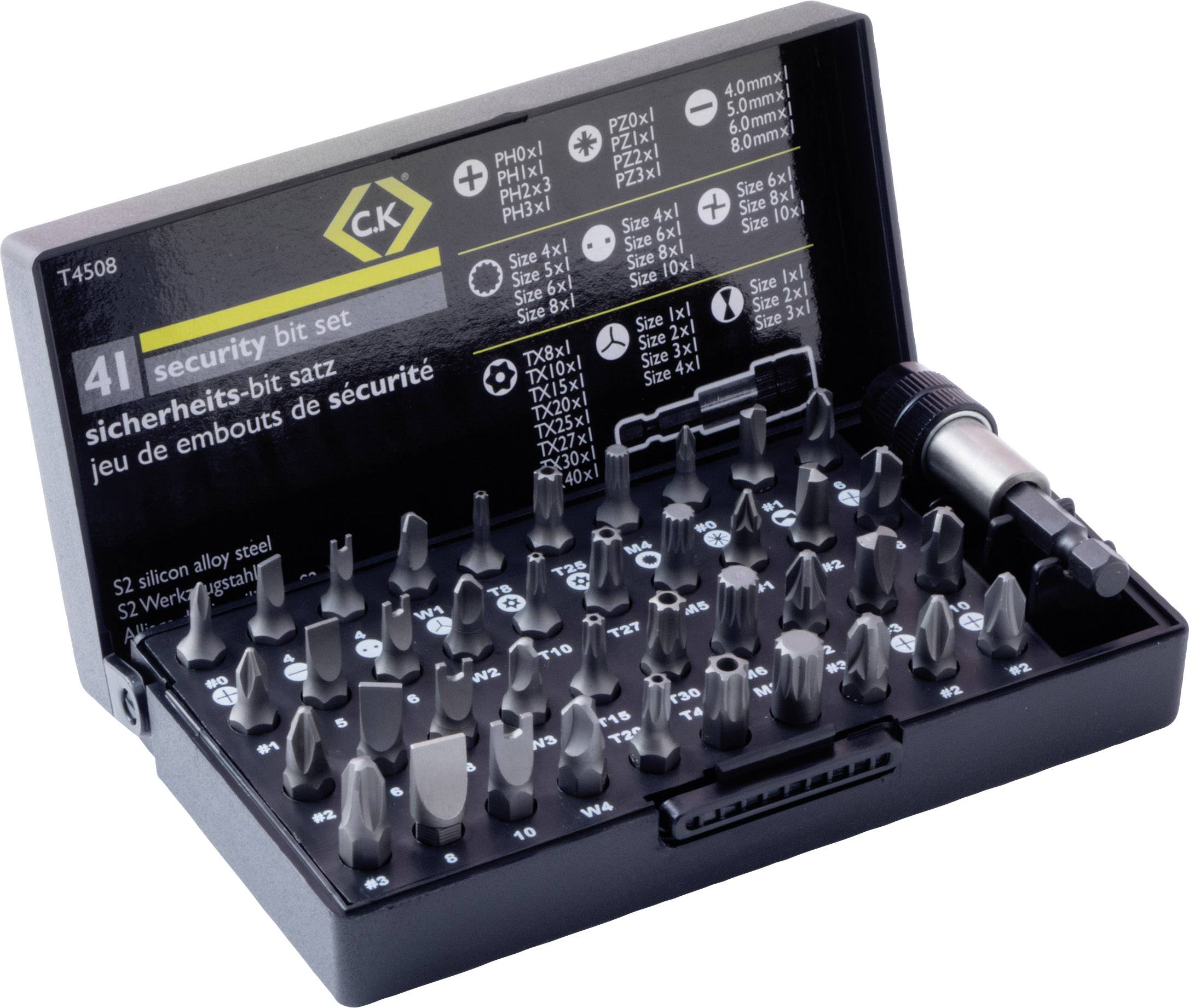 C.K T4508 Bitset 41-delig Plat, Kruiskop Phillips, Kruiskop Pozidriv, Zesrond-TX BO, Veeltand (XZN), Spanner, Torque, Tr