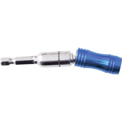 Een blauwe schroevendraaier met magnetische punt ligt horizontaal; handvat van kunststof, steel van metaal.
