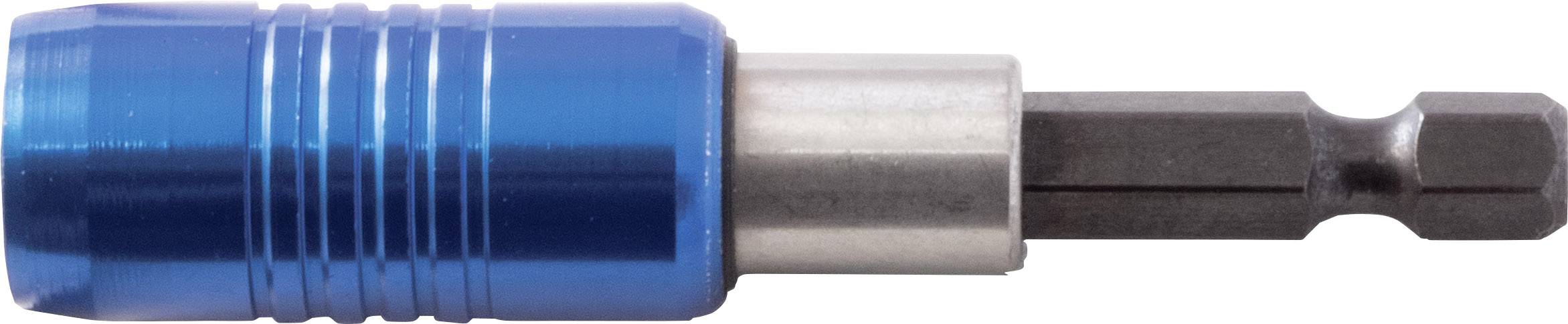 Een blauwe bithouder met zilverkleurig metalen deel, geschikt voor elektrische schroevendraaiers.