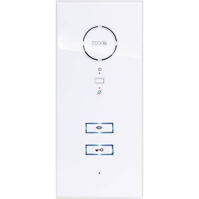 Witte videofoon met luidspreker, slot-symbool en controlelampjes.