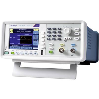 Een functiegenerator in wit en grijs met een digitaal display toont een frequentie van 1 MHz. Bedieningsknoppen zijn rechts geplaatst.