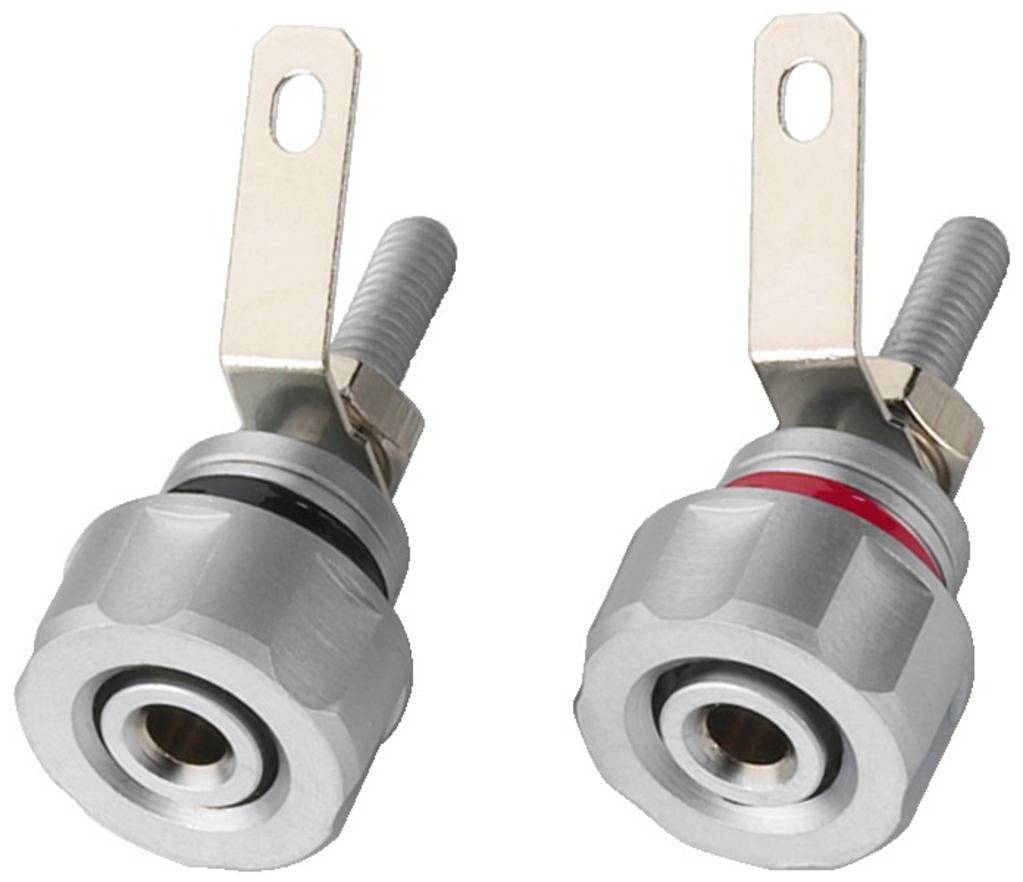 Twee metalen kleppen met gekleurde ringen, links zwart, rechts rood, gemonteerd aan metalen hoeksteunen met schroeven. Ze worden gebruikt voor vloeistofaansluiting.