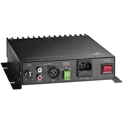 Zwarte versterker met aansluitingen: volumeregelaar, Line Input, Speaker Output, aan/uit-schakelaar. Geschikt voor audio-installaties.