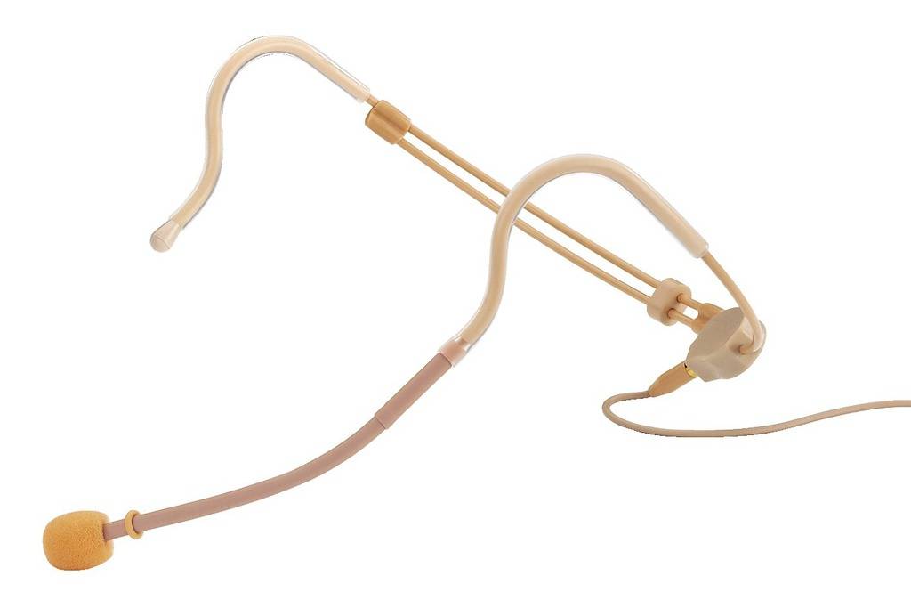 Een huidkleurige headset-microfoon met flexibele bogen en een gele microfoonbescherming.