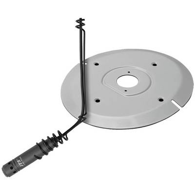 Een ronde metalen houder met een vastgezette zwarte antenne.