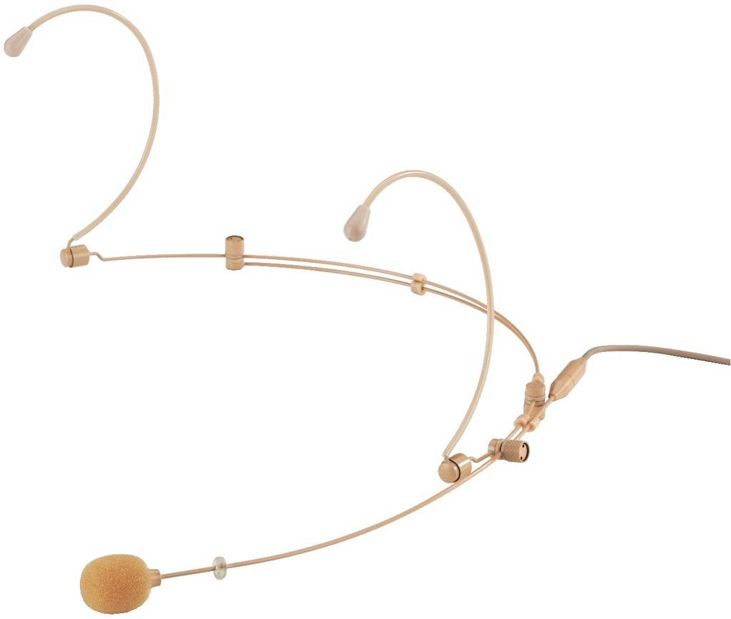 Een huidkleurig headset-microfoon met een dunne, buigzame beugel en een schuimstof-afdekking voor de microfoonkop.